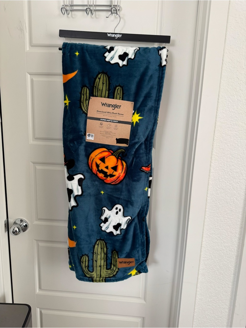 Wrangler blue Blanket with Halloween Pumpkin & Ghost cow Print with cactus desig